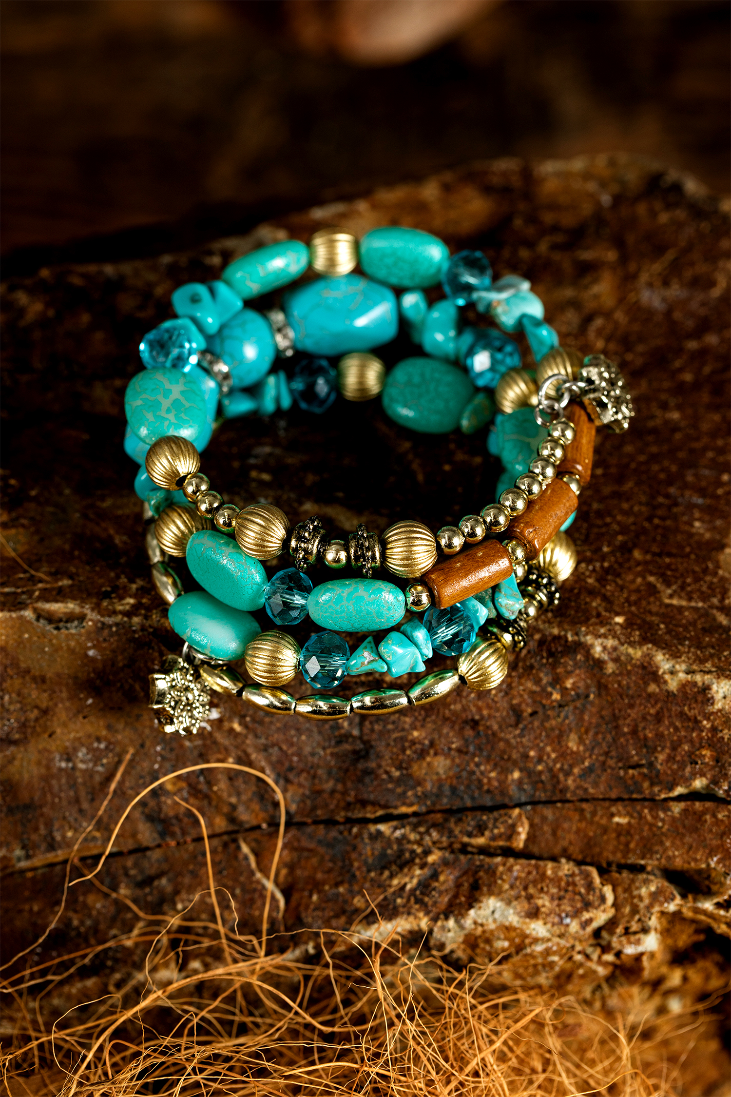 Turquoise Bohemian Style Crystal Stone Plated Bead Multi-Layer Winding Bracelet - loveforevers