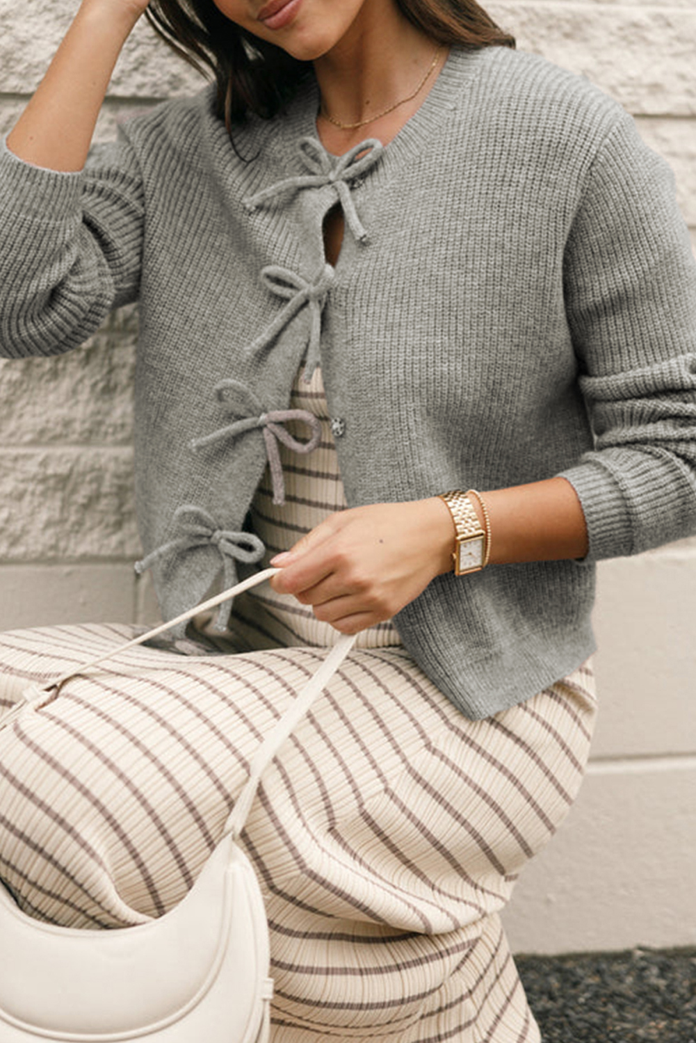 Philippine Gray Ribbed Knit Bow Front Buttoned Cardigan - loveforevers