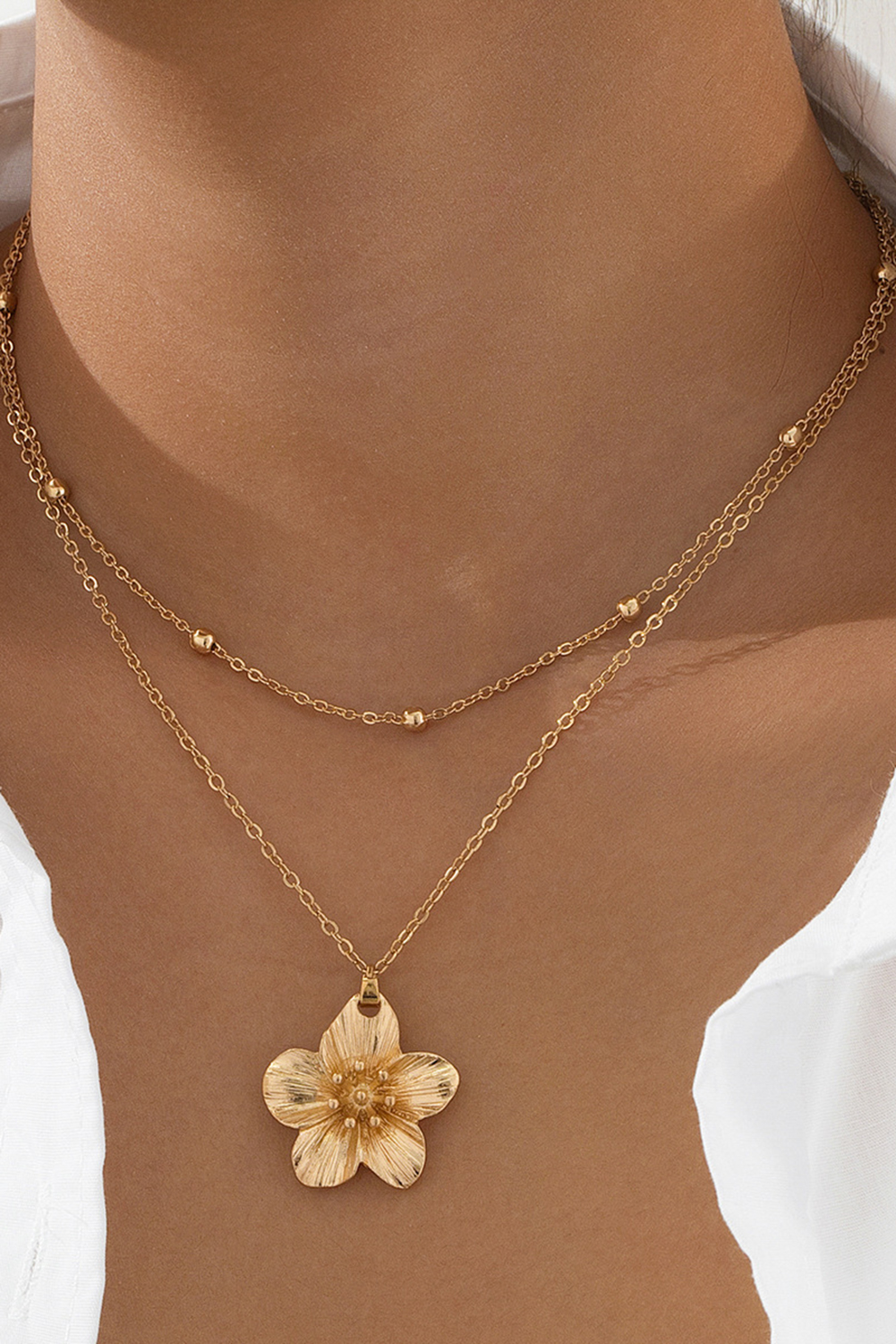 Gold Flower Pendant Beaded Double Chain Plated Necklace - loveforevers