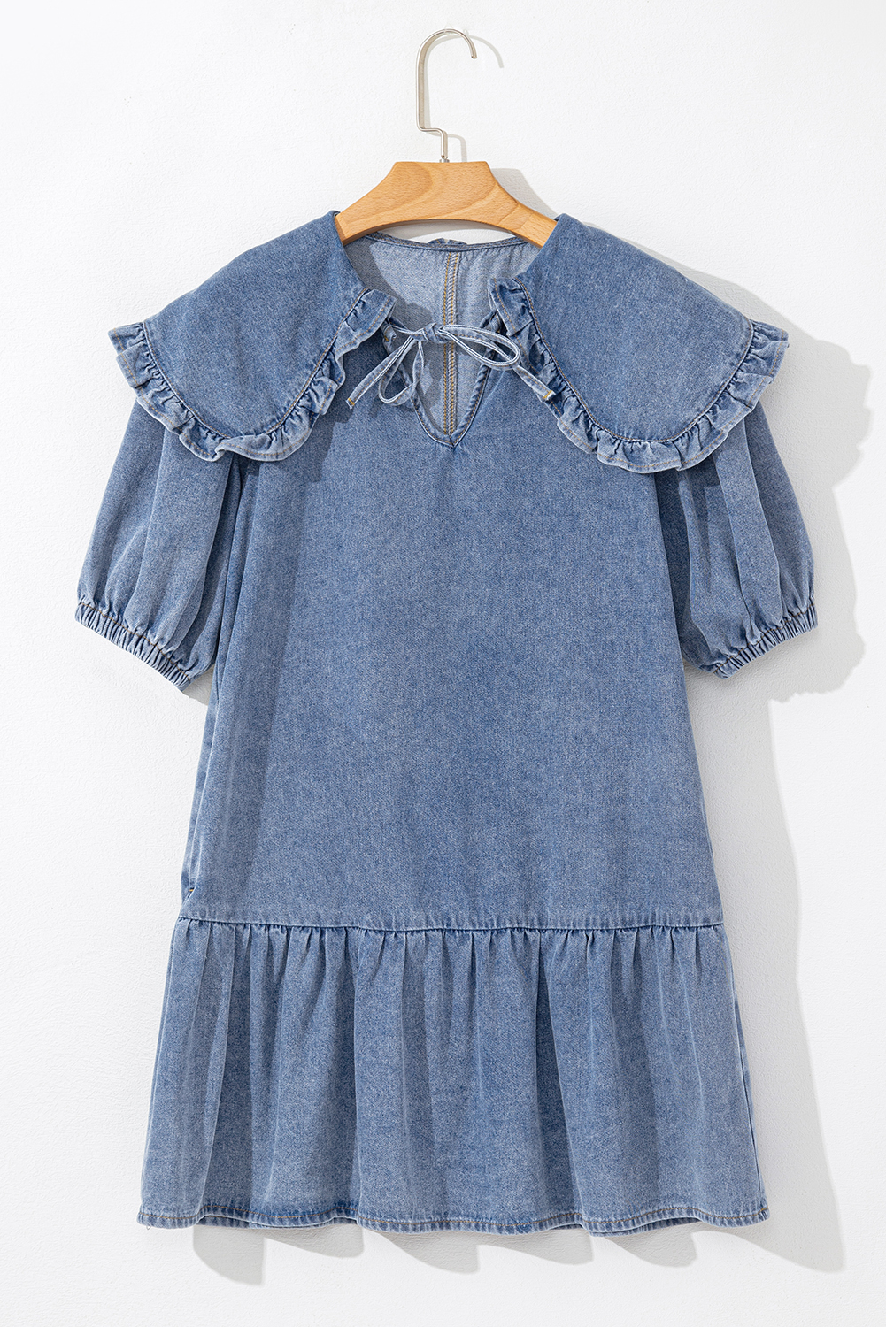 Dusk Blue Ruffled Collared Side Pockets Puff Sleeve Denim Mini Dress - loveforevers