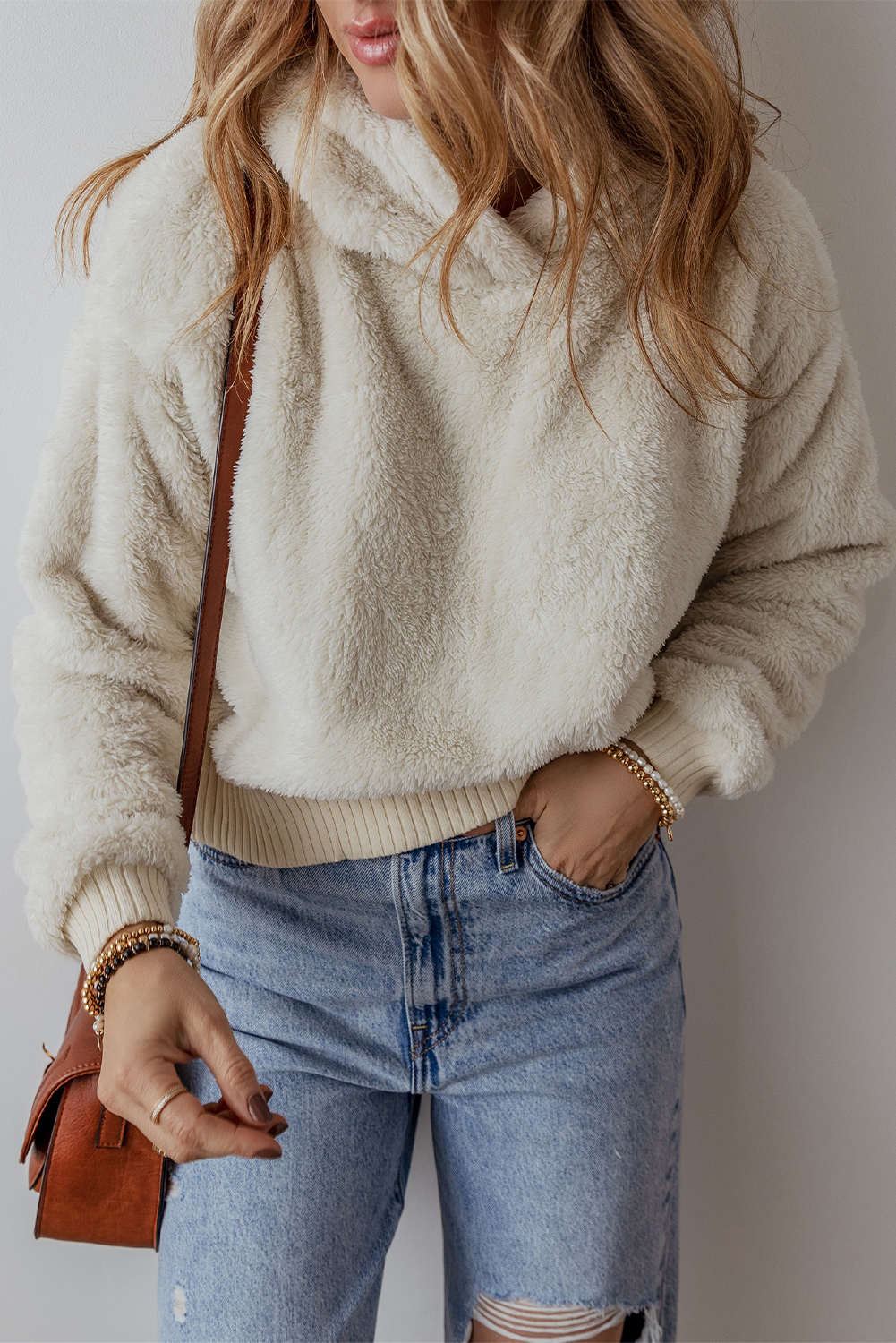 White Contrast Ribbed Edge Plush Hoodie - loveforevers