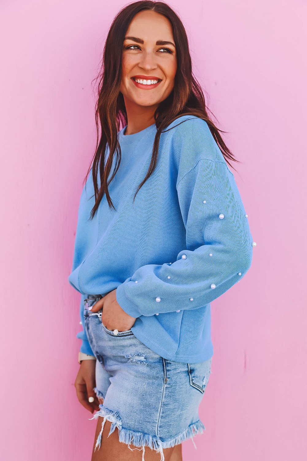 Myosotis Pearled Sleeves Drop Shoulder Round Neck Pullover Sweatshirt - loveforevers