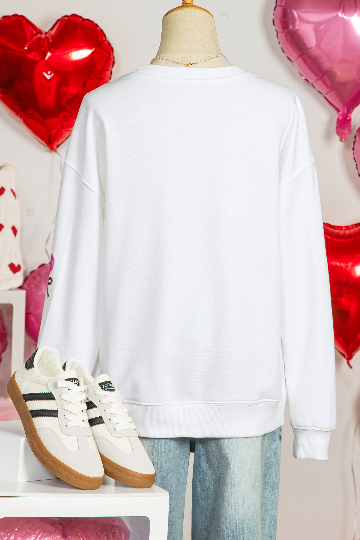 White Sequin Bow Heart Shape Lolly Valentines Day Graphic Sweatshirt - loveforevers