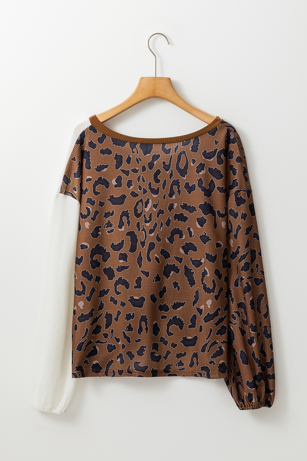 Brown Leopard Contrast Waffle Knit Twist Hem V Neck Top - loveforevers