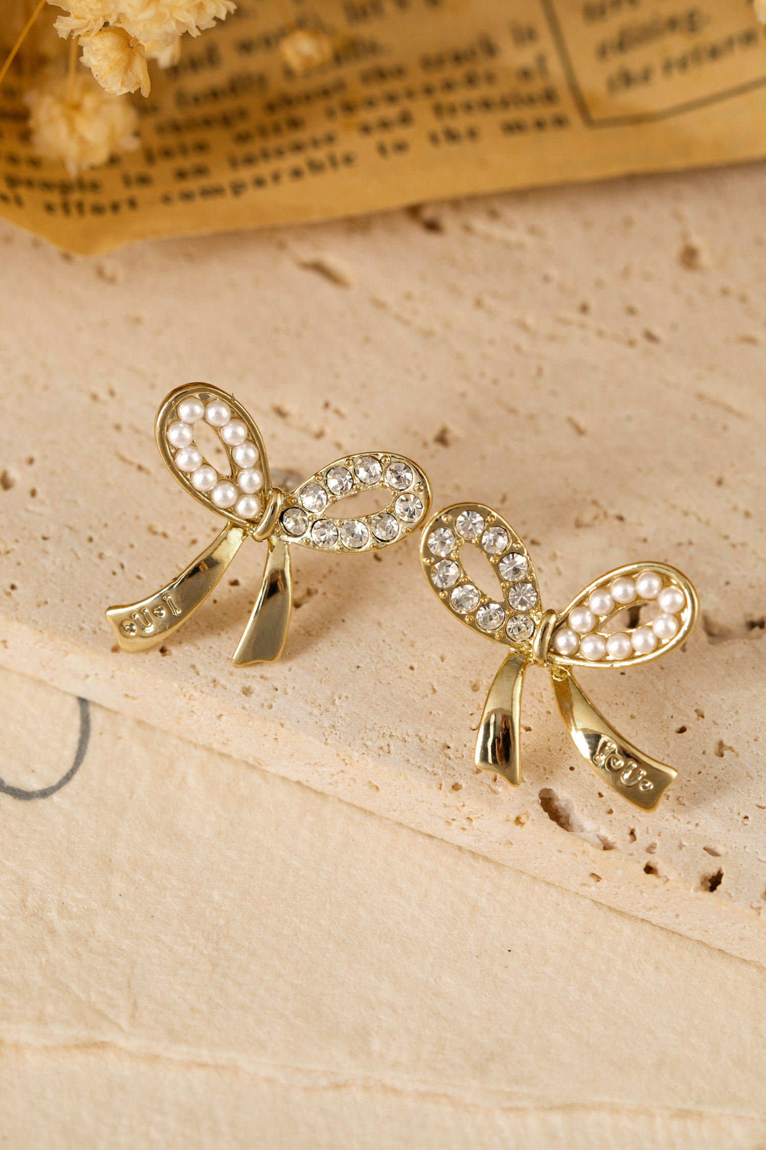 Gold Rhinestone Pearl Bow Earrings - loveforevers