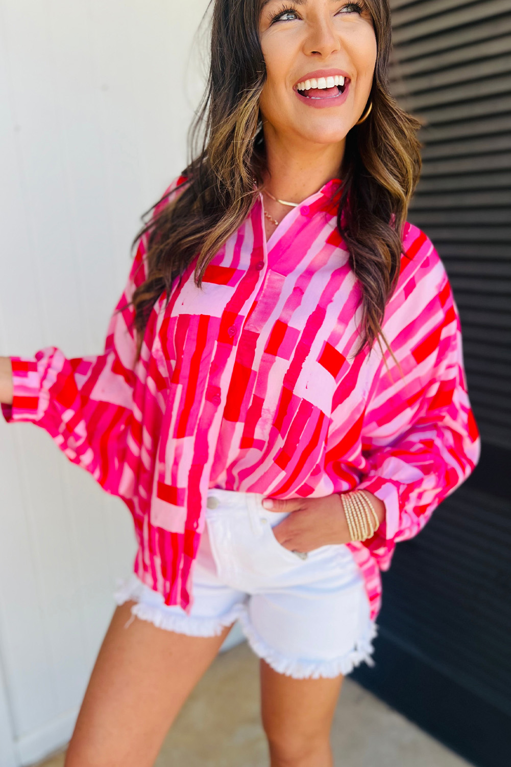 Pink Abstract Print Batwing Sleeve Casual Shirt - loveforevers