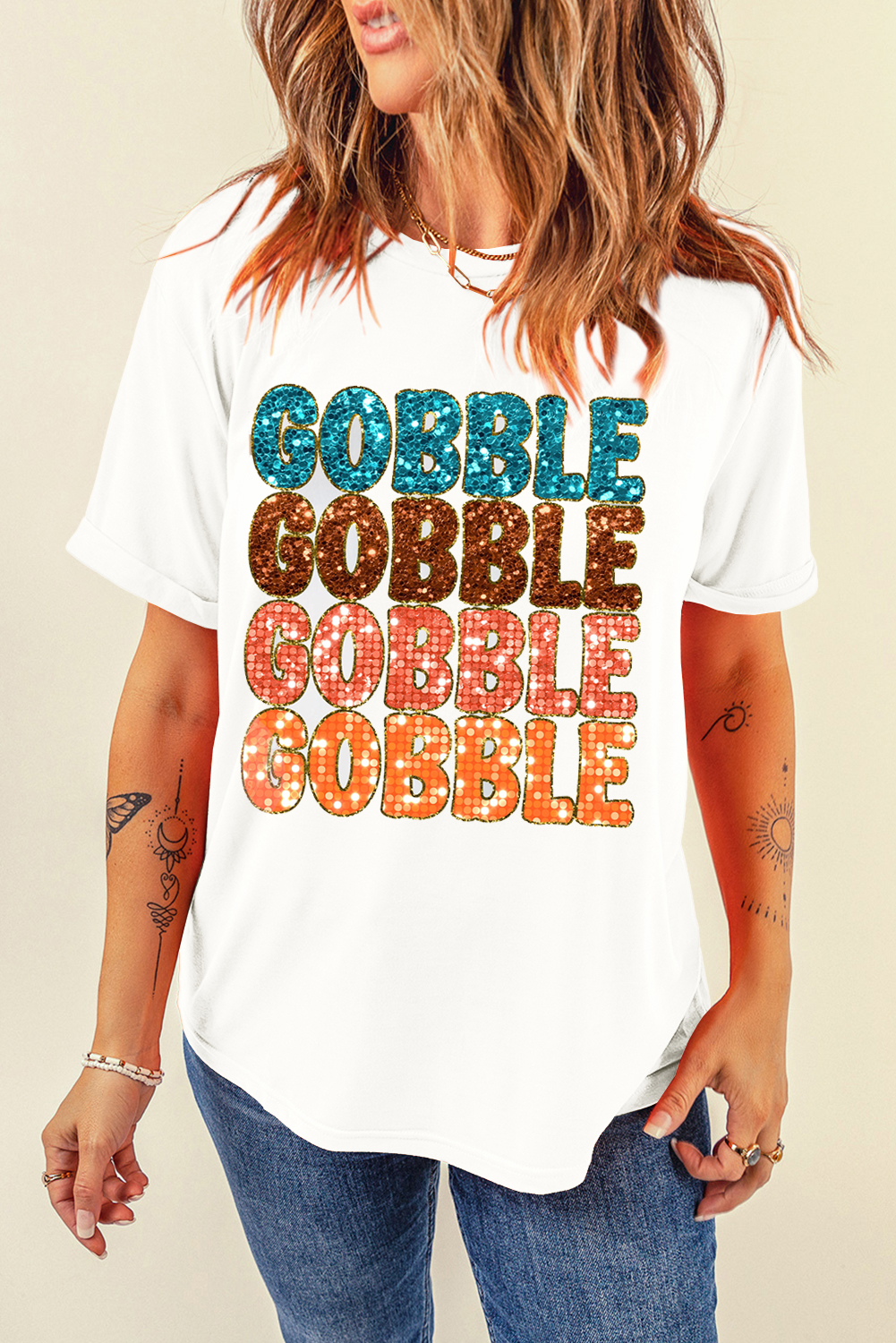 White Heat Transfer GOBBLE Graphic Crewneck Thanksgiving T Shirt - loveforevers