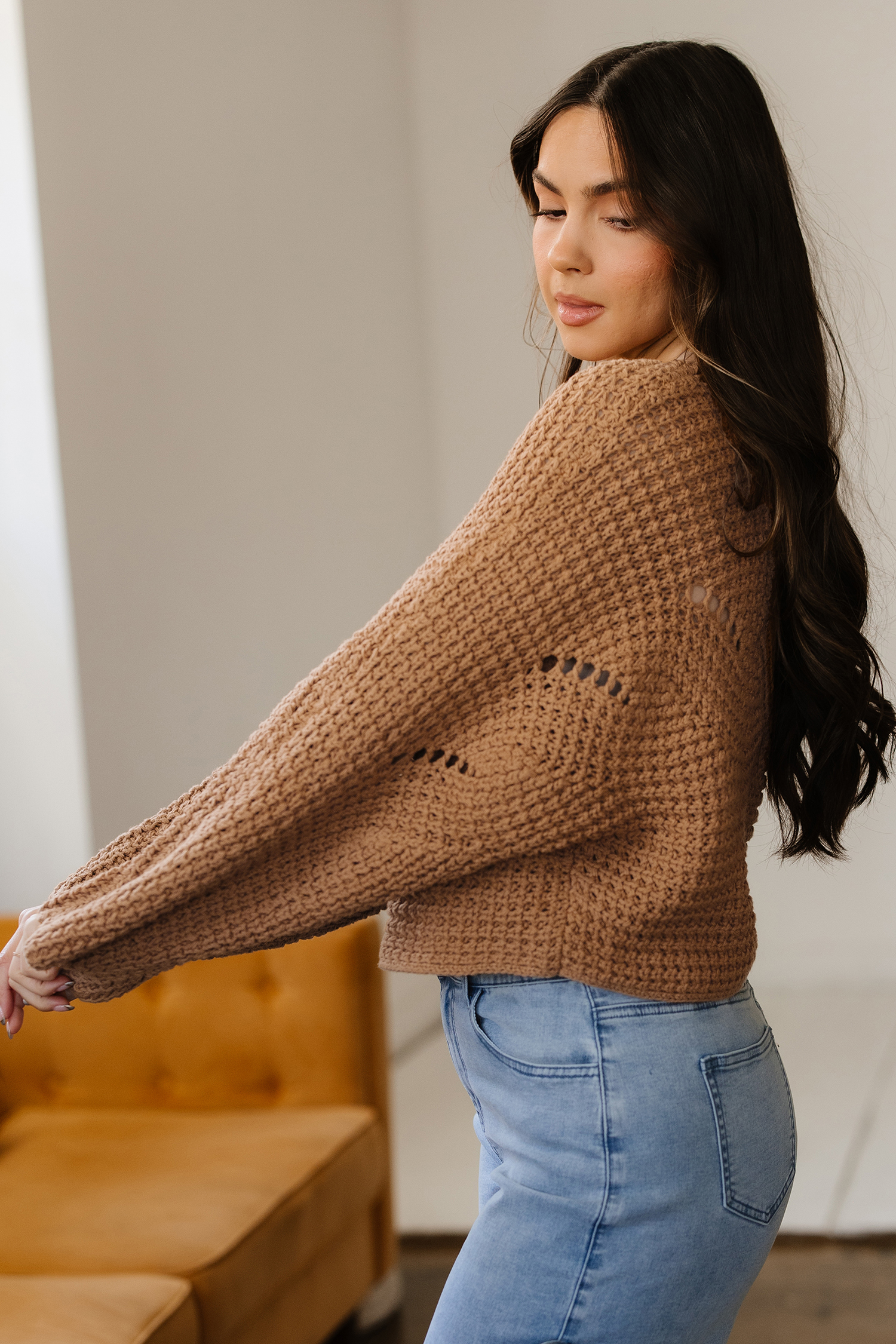 Camel Hollowed Detail Wide Sleeve Loose Pullover Sweater - loveforevers