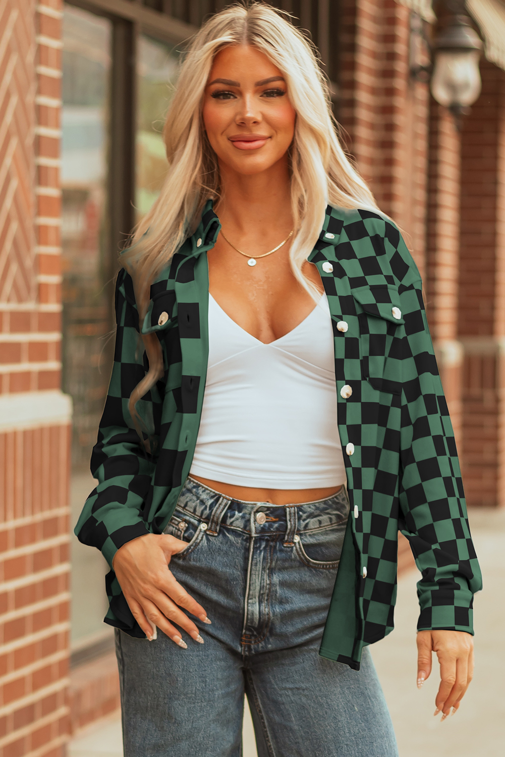 Khaki Checkerboard Flap Pocket Button Front Shacket - loveforevers