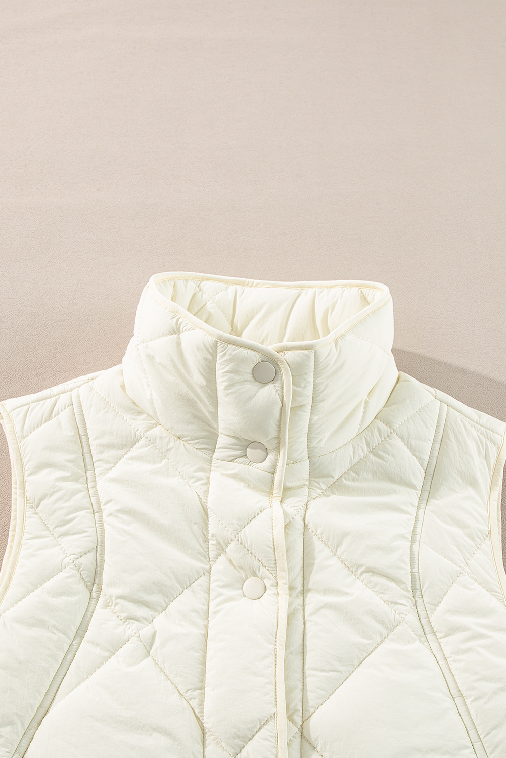 Beige Quilted High Neck Button Up Pocket Vest Coat - loveforevers