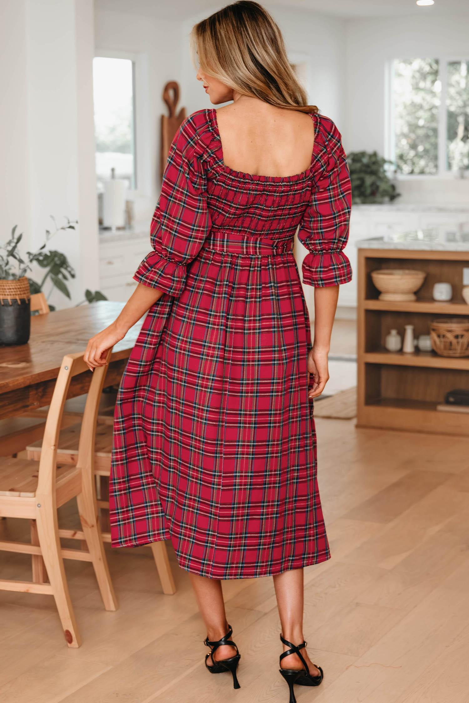 Red Tartan Plaid Square Neck Puff Sleeve Knot Waist Flared Midi Dress - loveforevers
