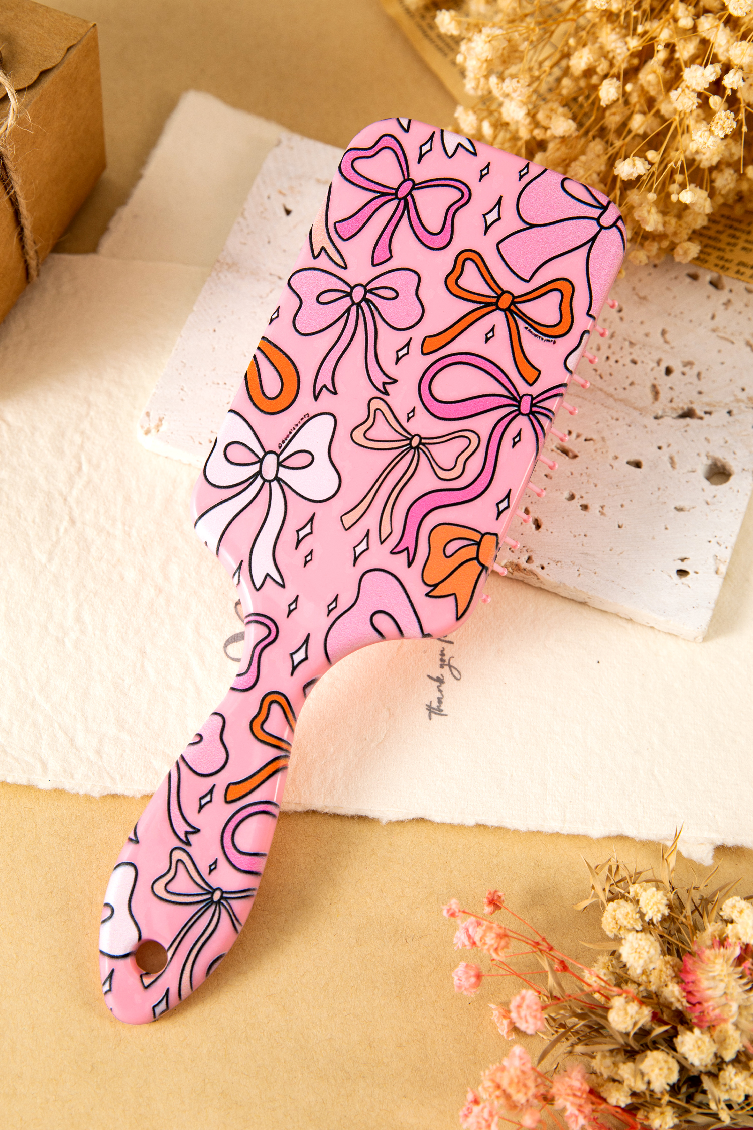 Peach Blossom Starry Ribbon Bow Print Air Cushion Comb - loveforevers