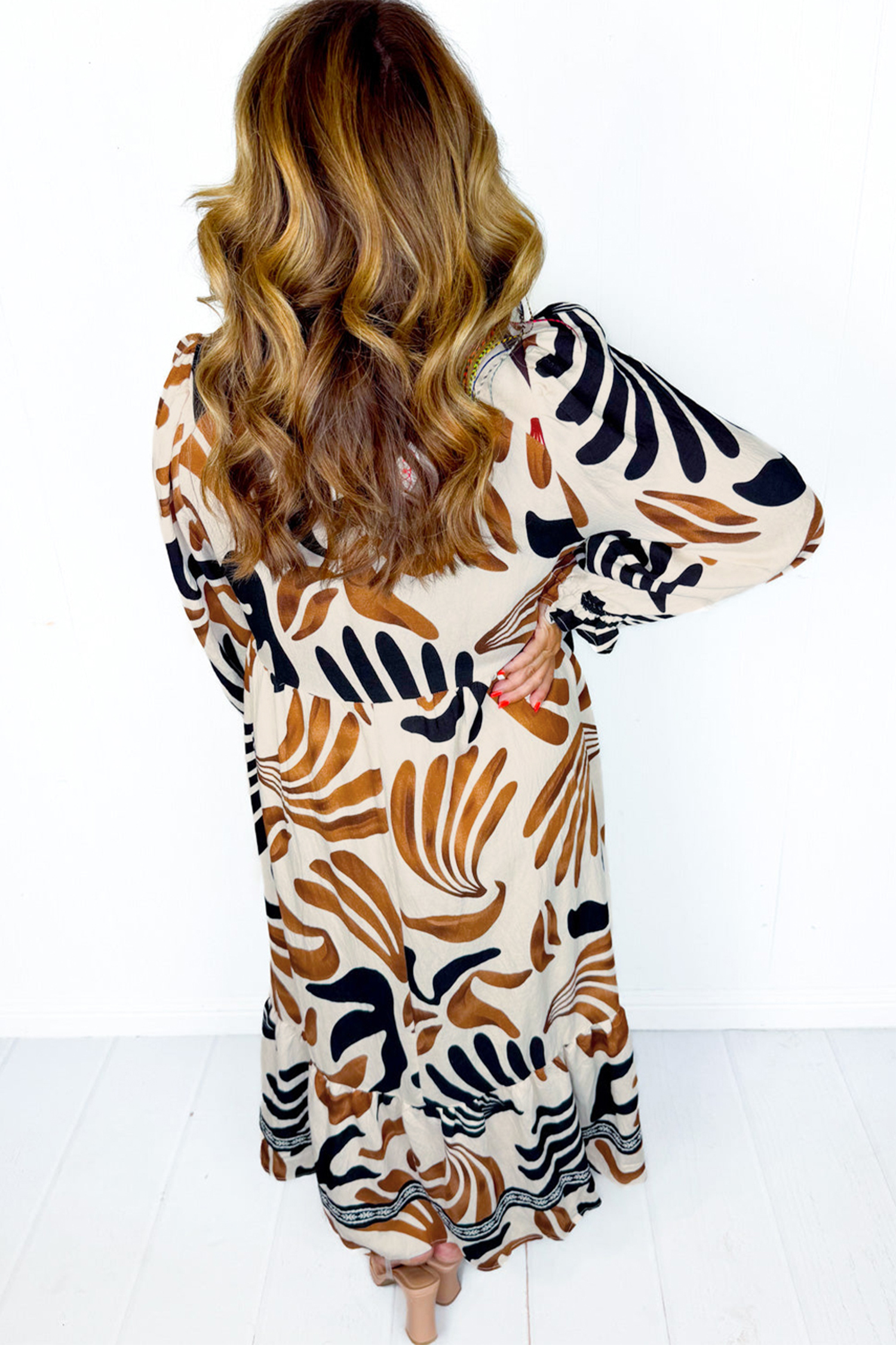 Brown Tropical Printed Contrast Trim Neck Long Sleeve Ruffle Hem Dress - loveforevers