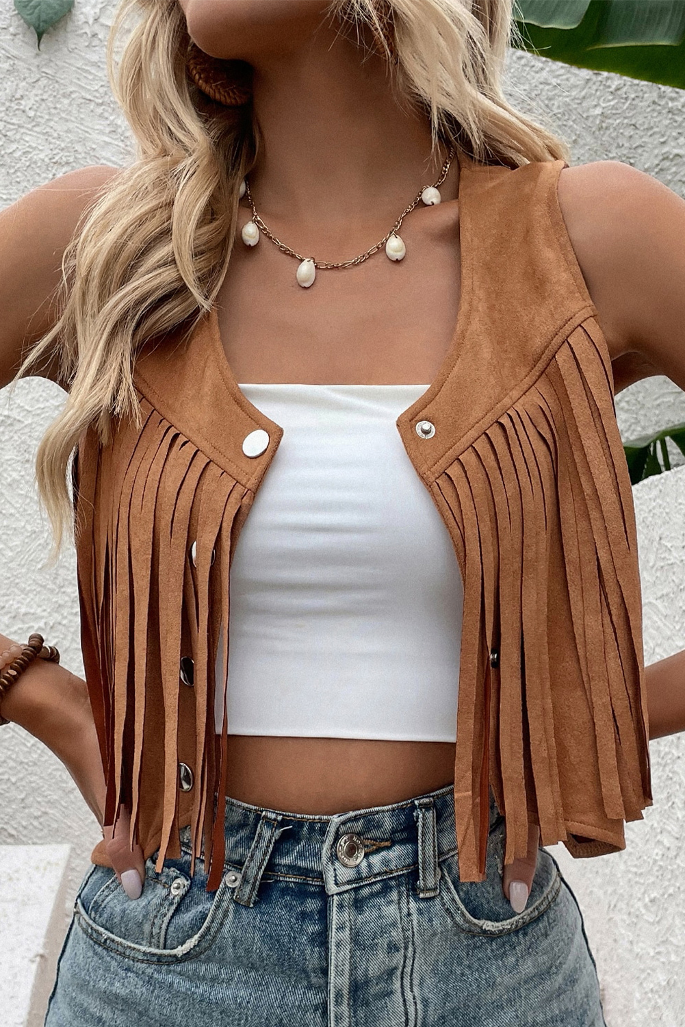 Camel Fringed Snap Button Front Suedette Vest - loveforevers