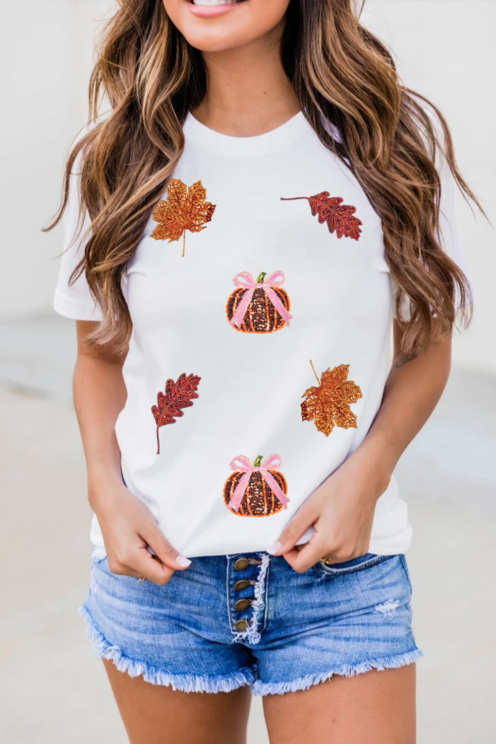 White Sequined Pumpkin Leaves Fall Vibe Graphic T Shirt - loveforevers