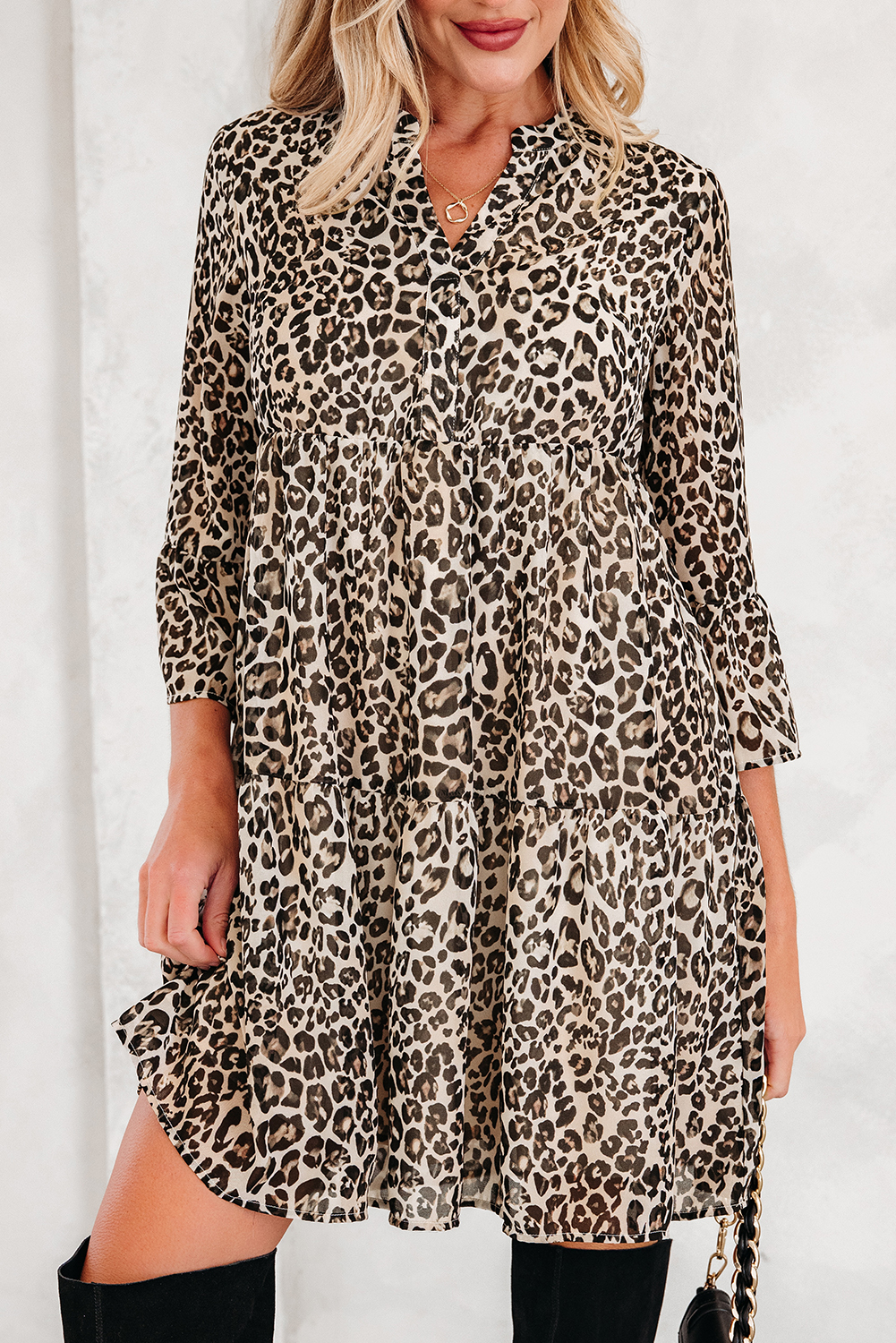 Khaki Leopard 3/4 Sleeve V Neck Swing Dress - loveforevers