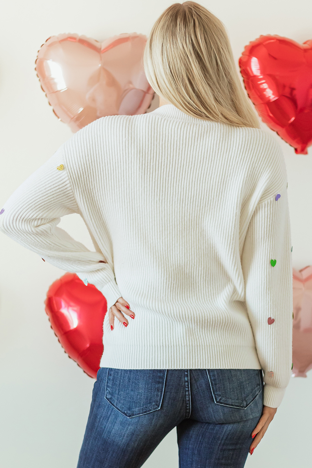 Beige Sequin Heart Shape Waffle Knit Round Neck Sweater - loveforevers
