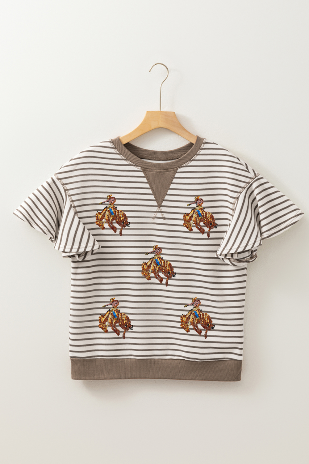 Parchment Sequin Rodeo Patch Pattern Striped Ruffled Sleeve Summer Top - loveforevers