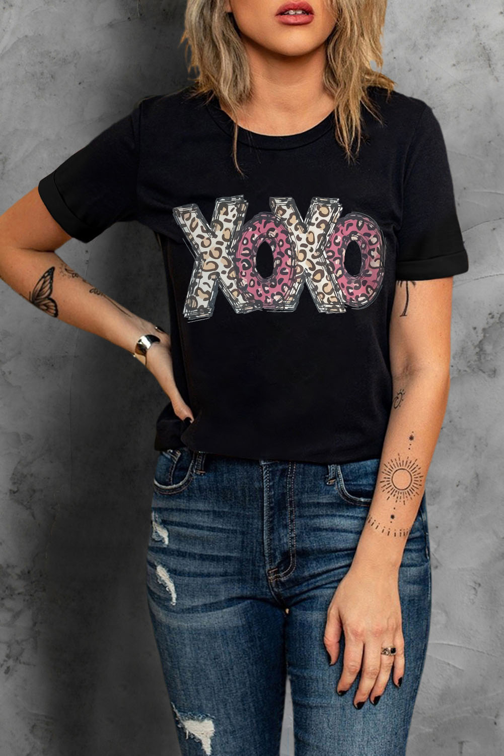 Black Leopard XOXO Print T Shirt - loveforevers