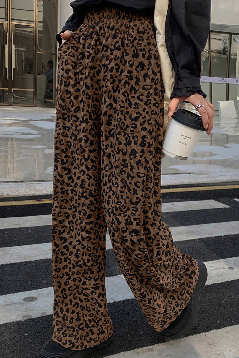Dark Brown Leopard Print Elastic High Waist Loose Corduroy Pants - loveforevers