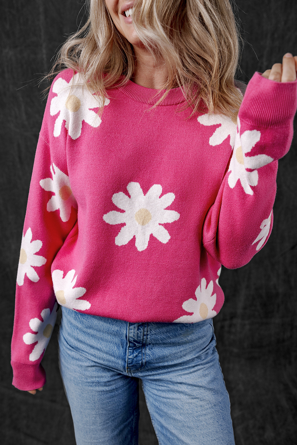 Bright Pink Daisy Flower Crew Neck Long Sleeve Sweater - loveforevers