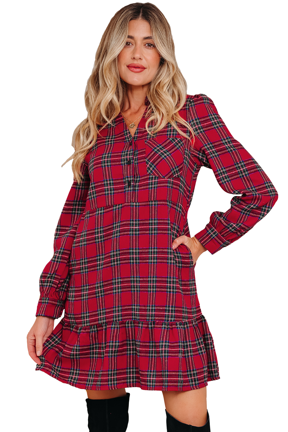 Red Plaid Shirt Collar Half Button Ruffle Hem Long Sleeve Mini Dress - loveforevers