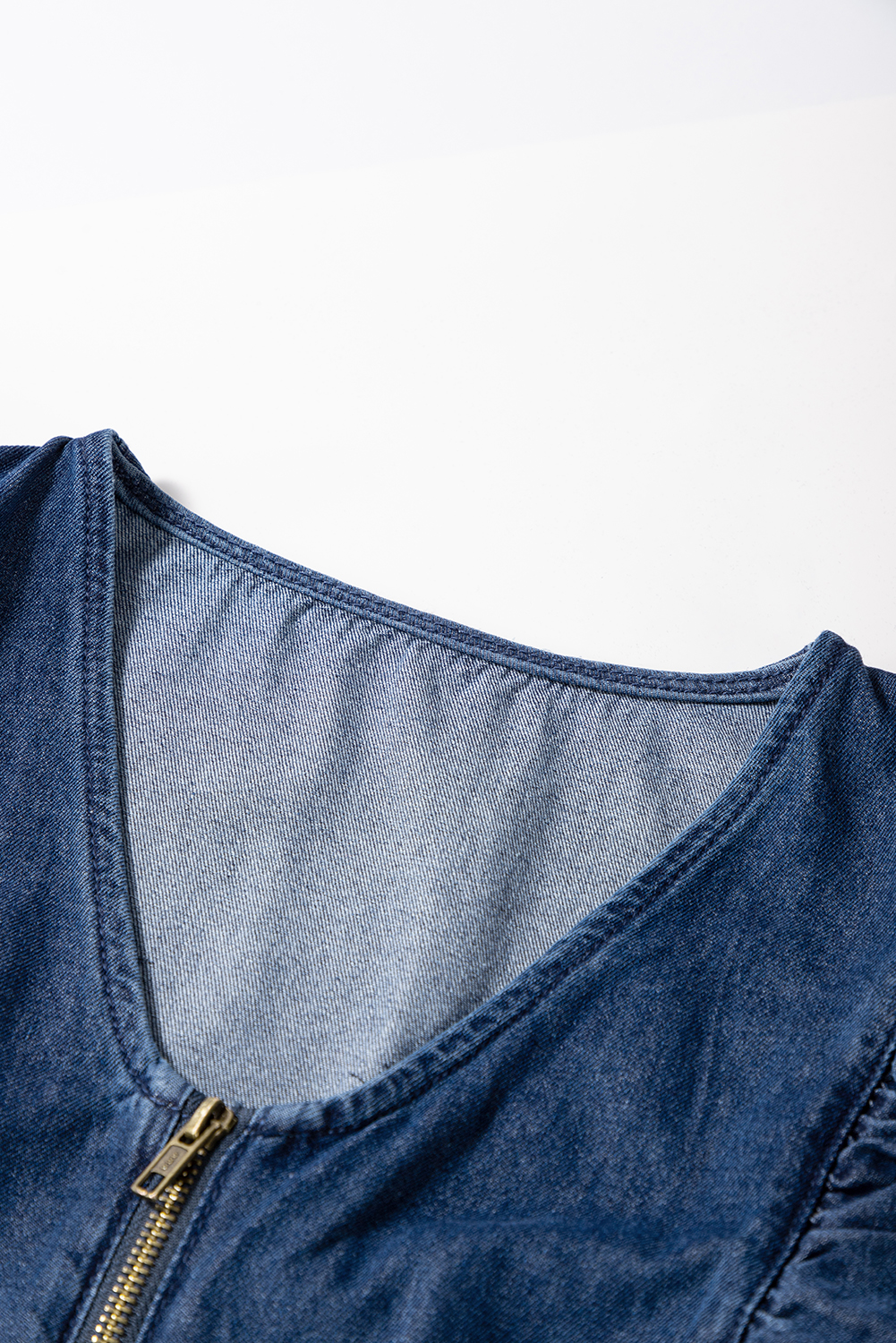 Sail Blue Denim Ruffled Zipped Front Belted Romper - loveforevers