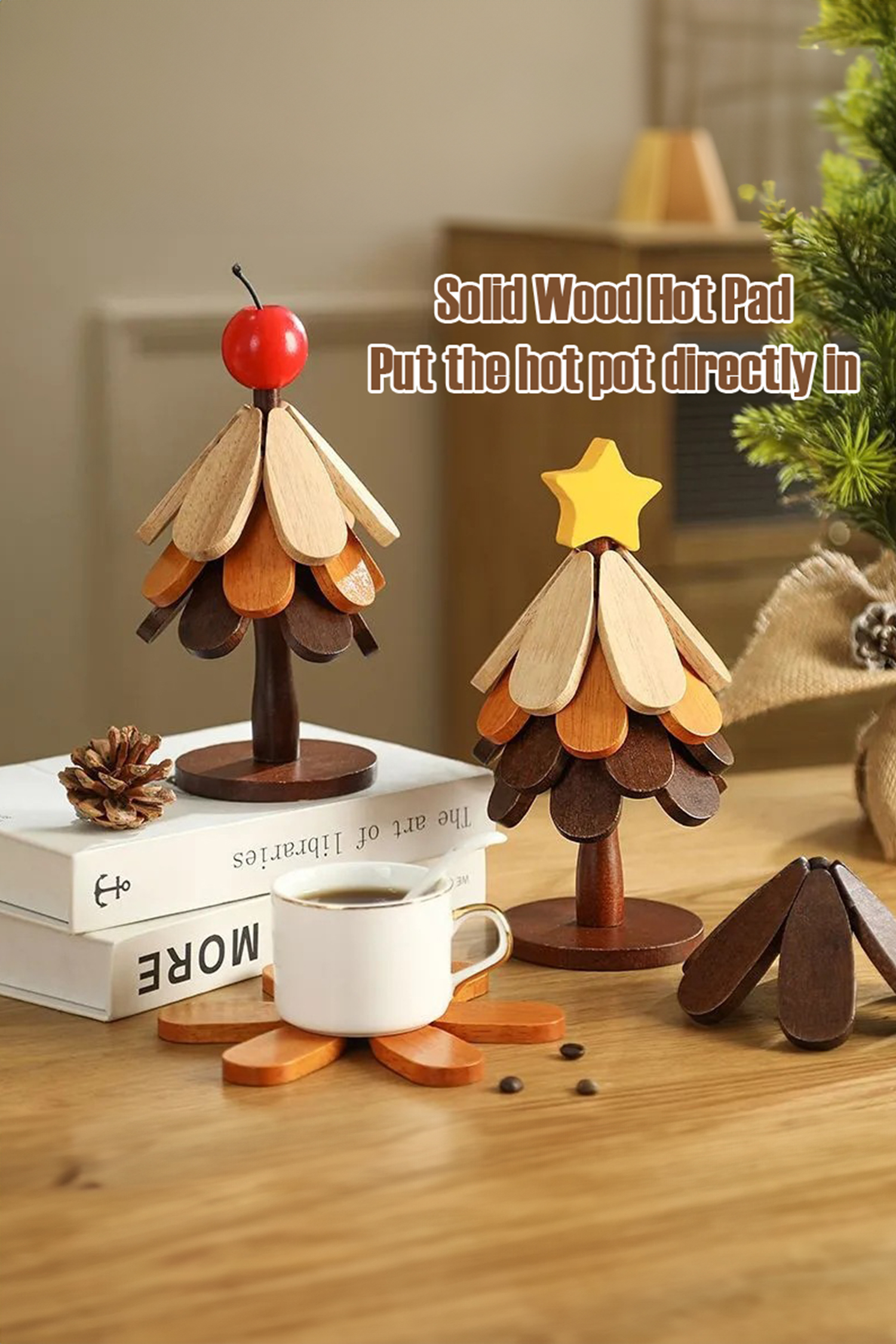 Fiery Red Cherry Wooden Trivets Christmas Tree 5pcs Heat Resistant Coaster - loveforevers