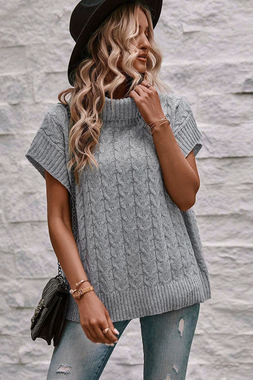 Medium Grey Cable Knit Turtleneck Batwing Sleeve Sweater - loveforevers
