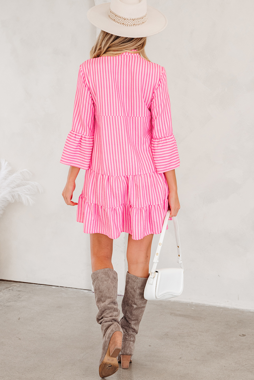 Pink Stripe Flare Sleeve Half Placket Tiered Flowy Mini Dress - loveforevers