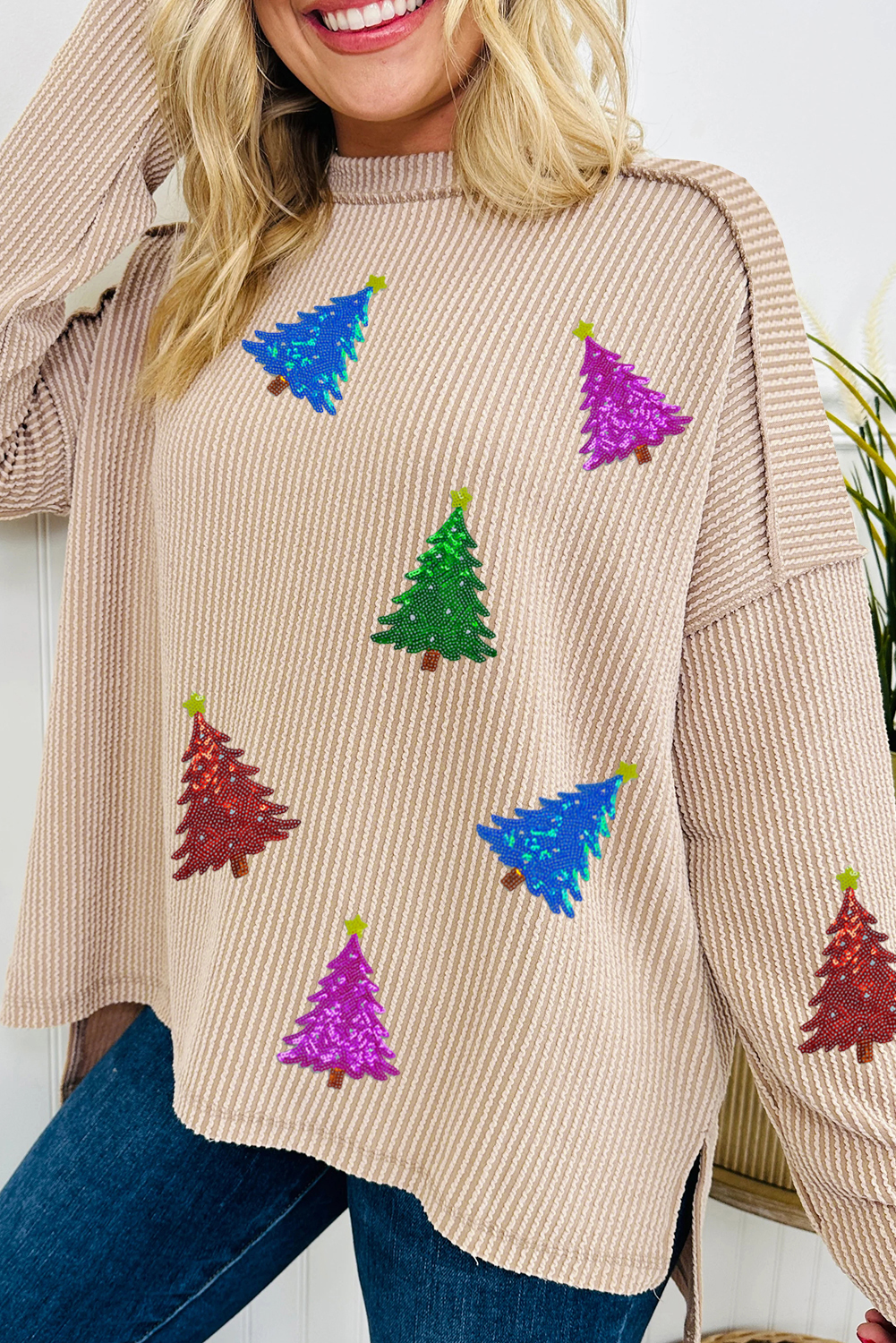Parchment Sequin Christmas Tree Exposed Seam Drop Shoulder Ribbed Long Sleeve Top - loveforevers