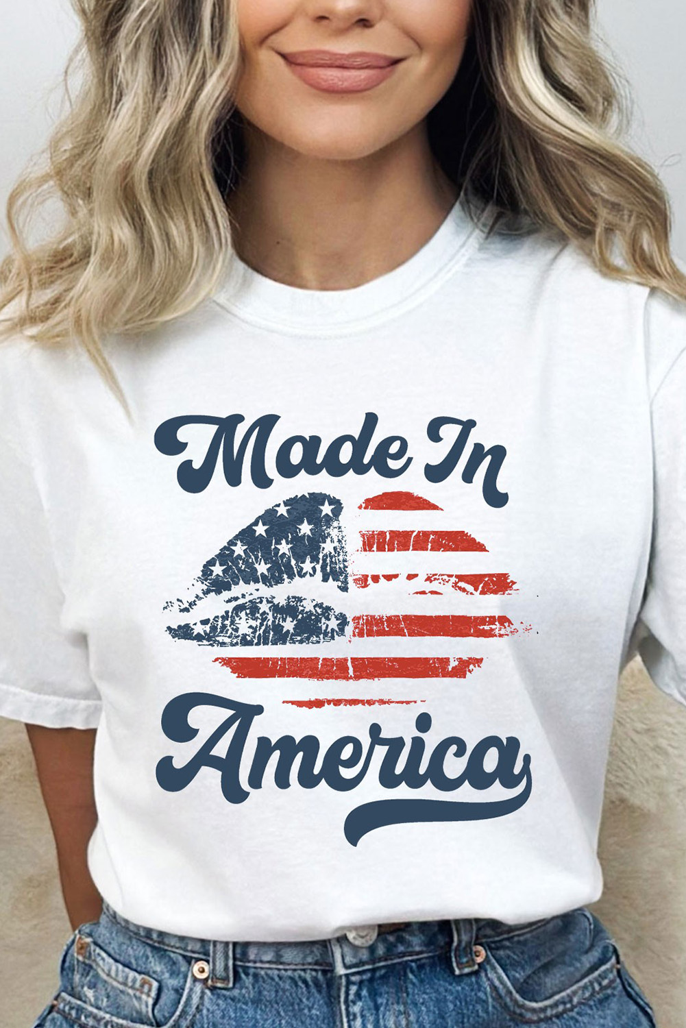 White Made in America Lip Printed O Neck T Shirt - loveforevers
