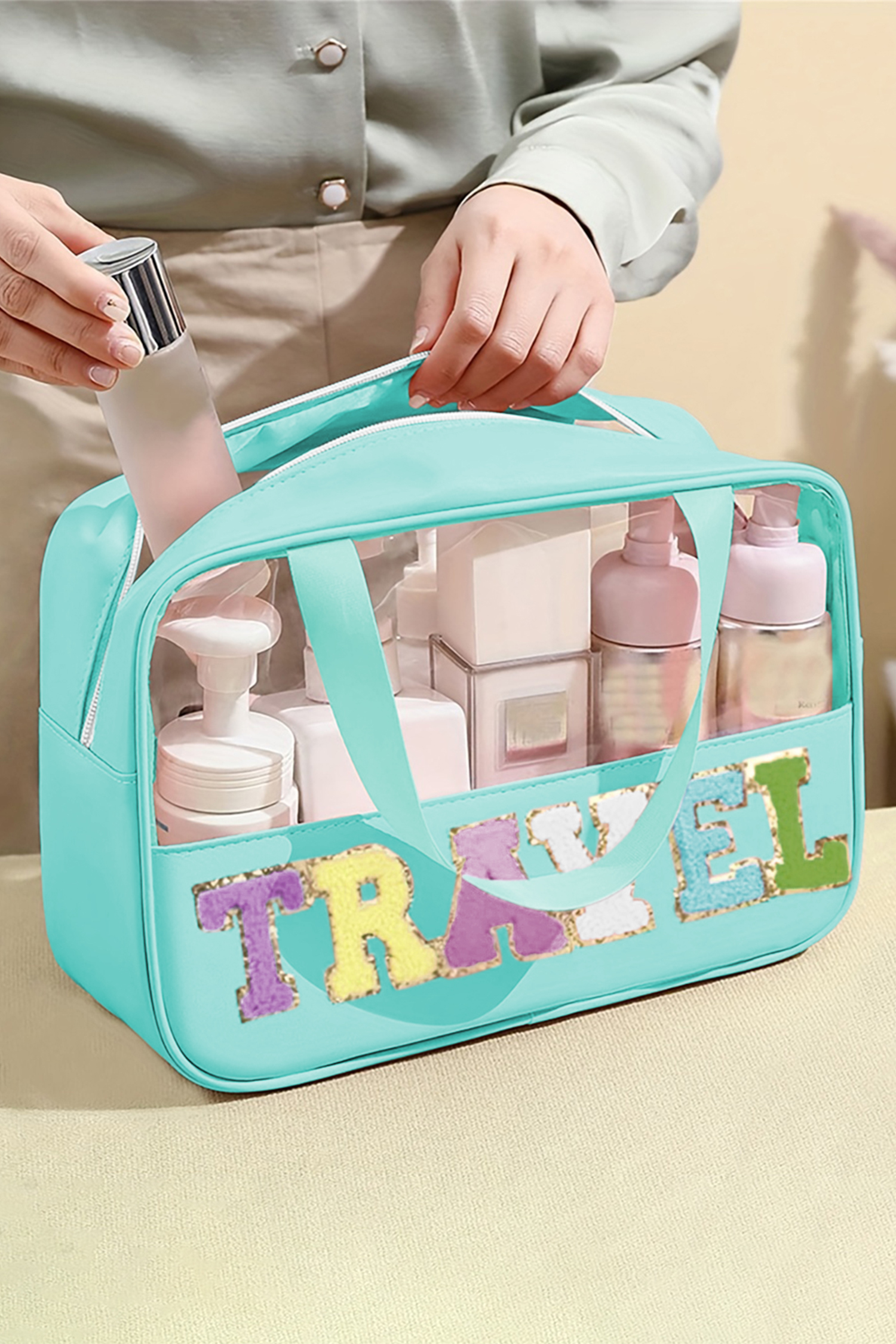 Light Pink TRAVEL Chenille Letter Clear PVC Makeup Bag - loveforevers
