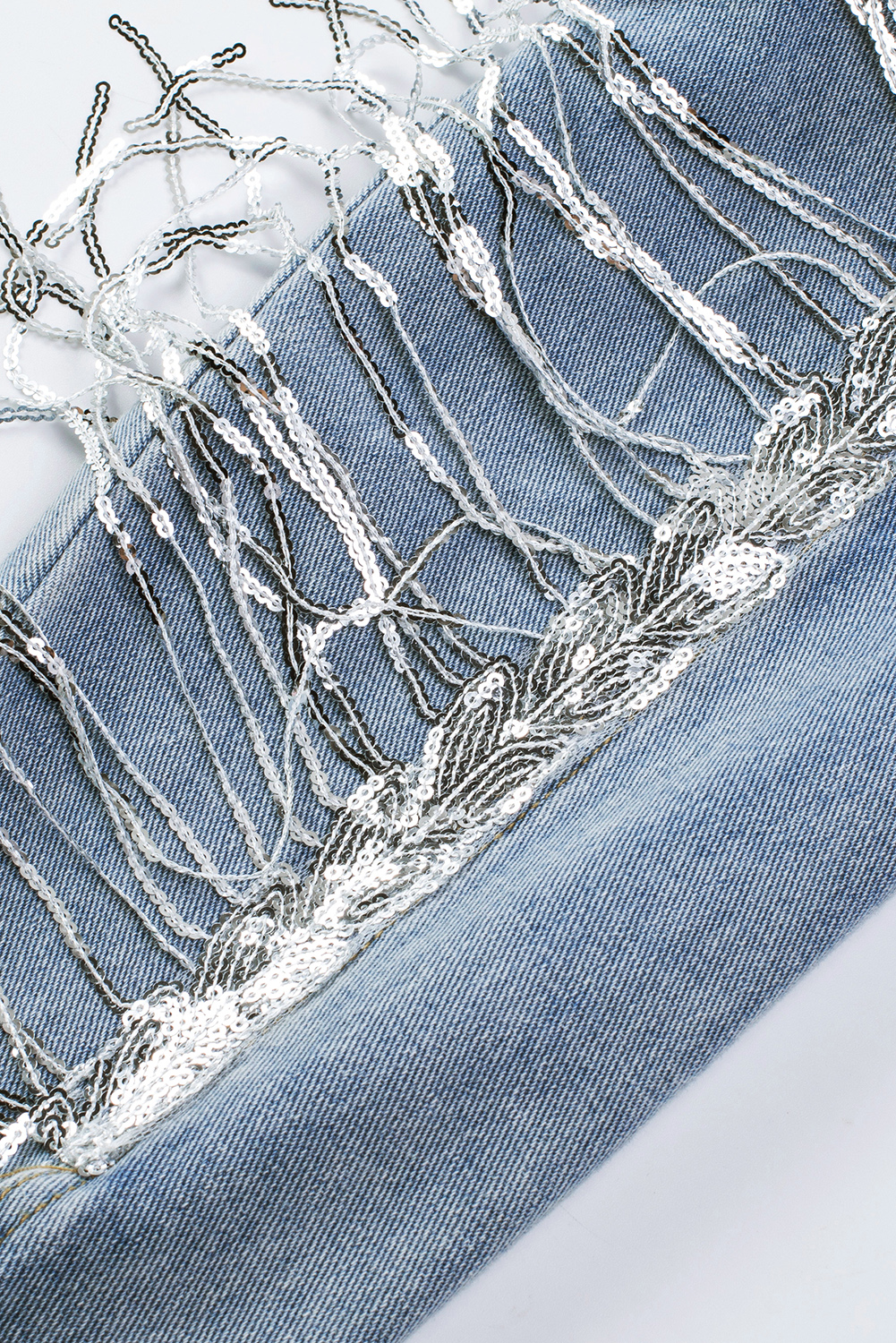 Sky Blue Sequin Embellished Fringe Distressed Denim Jacket - loveforevers