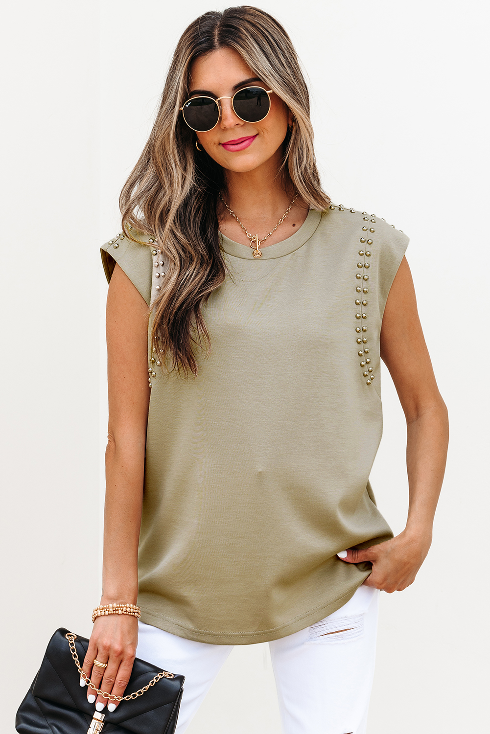 Sage Green Studded Cap Sleeve Round Neck T Shirt - loveforevers