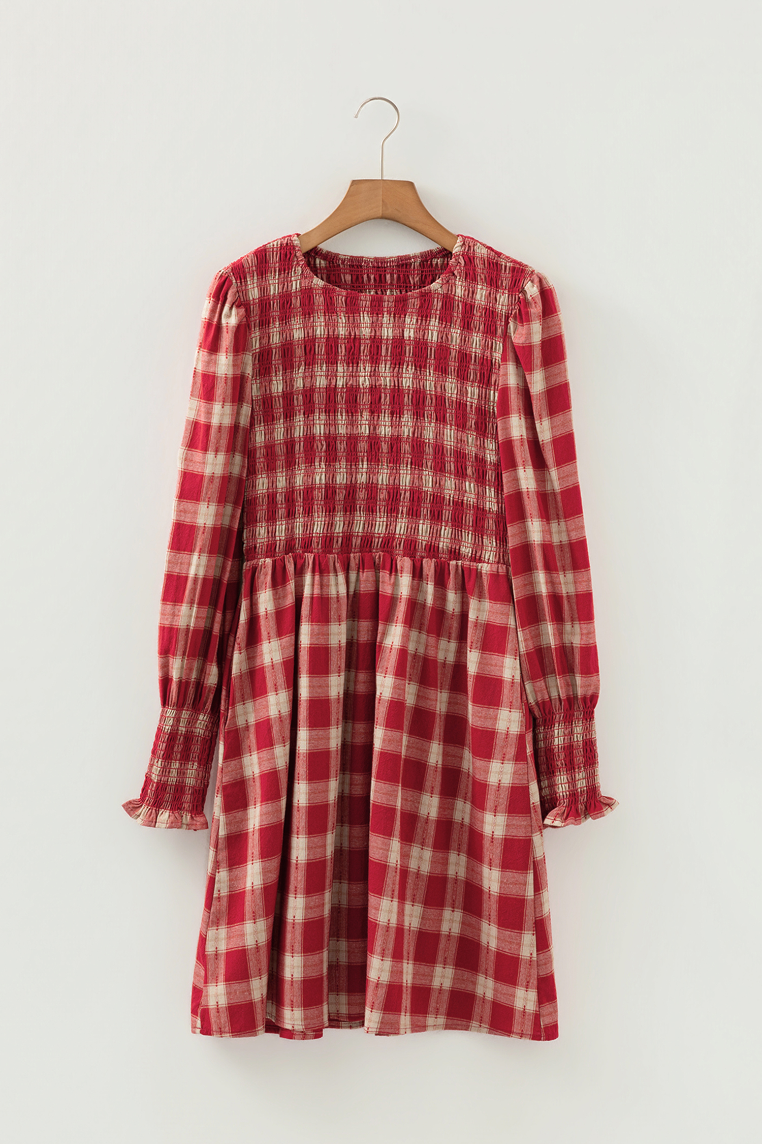 Red Plaid Print Smocked Puff Sleeve Mini Dress - loveforevers