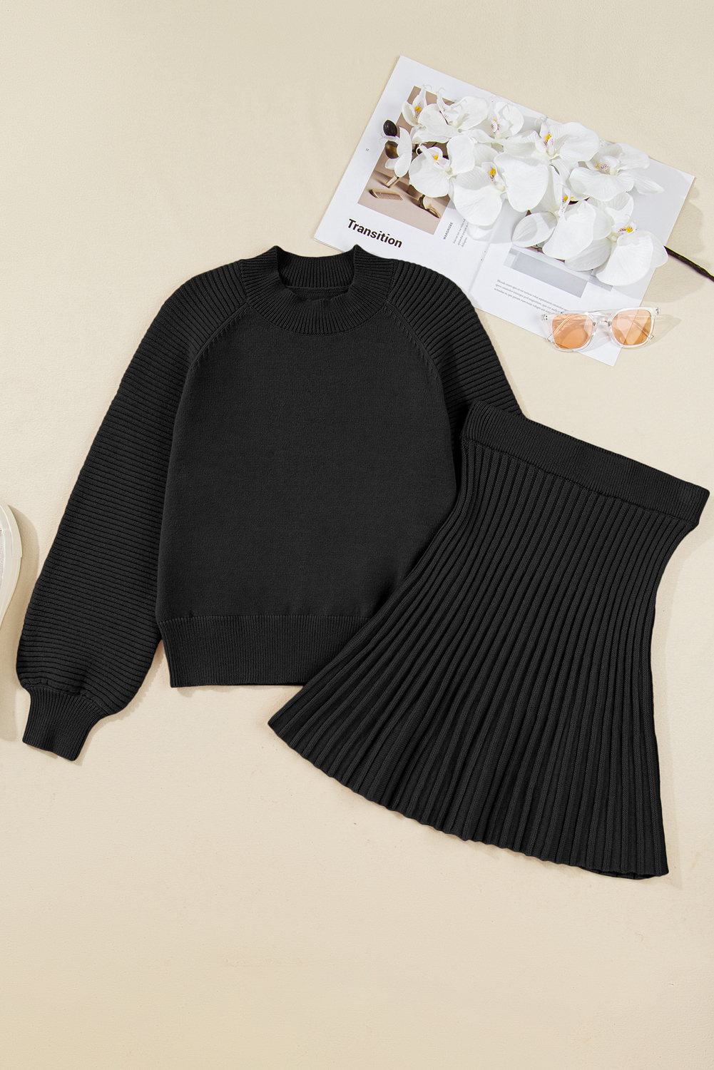 Smoke Gray High Neck Puff Sleeve Sweater Pleated Mini Skirt 2pcs Knitted Outfit - loveforevers