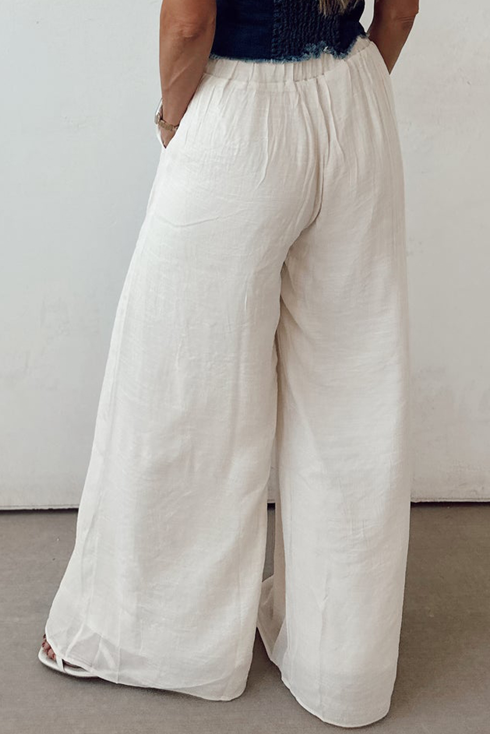 White Solid Drop Waist Pleated Wide Leg Casual Pants - loveforevers