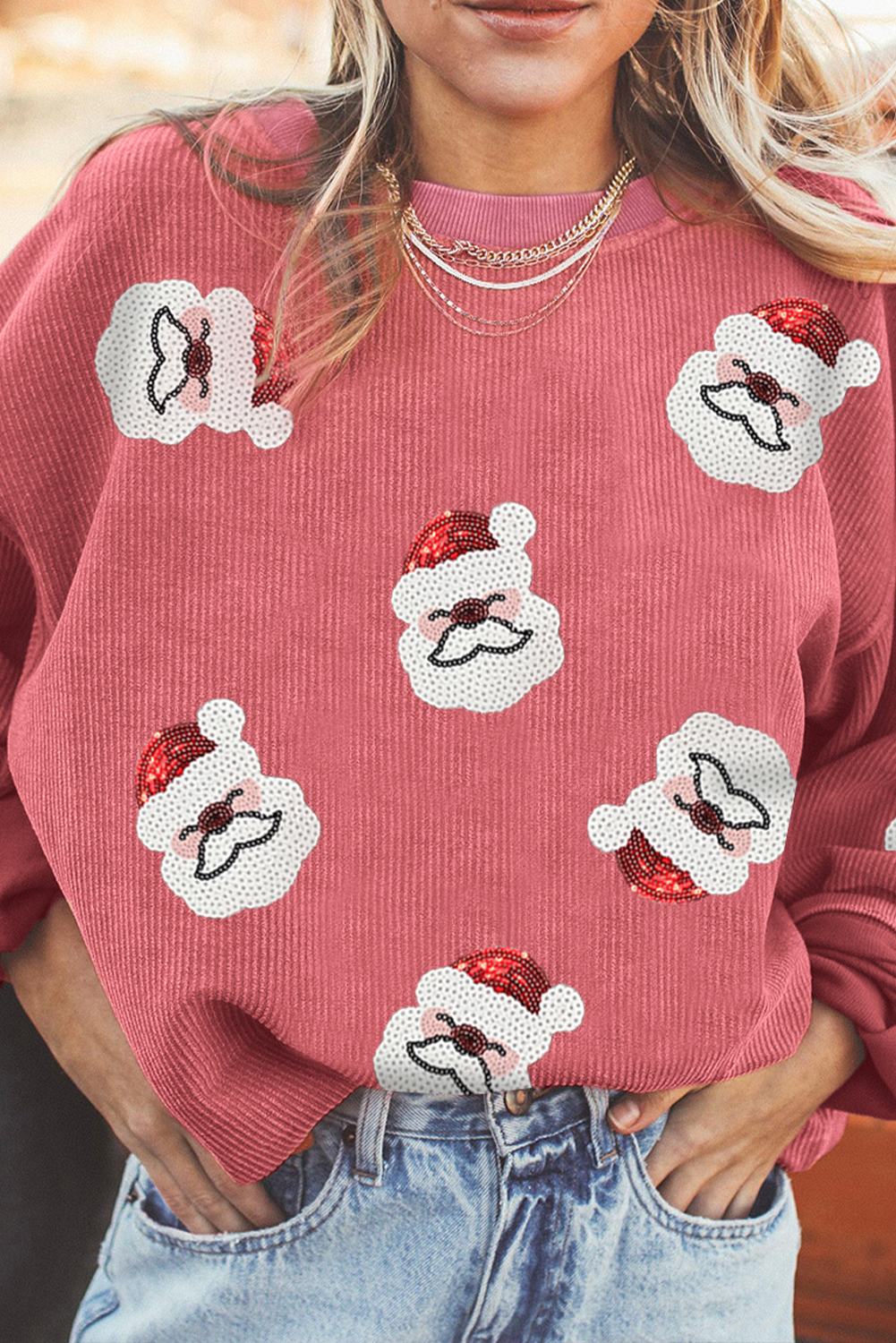 Strawberry Pink Sequin Santa Clause Christmas Corded Sweatshirt - loveforevers