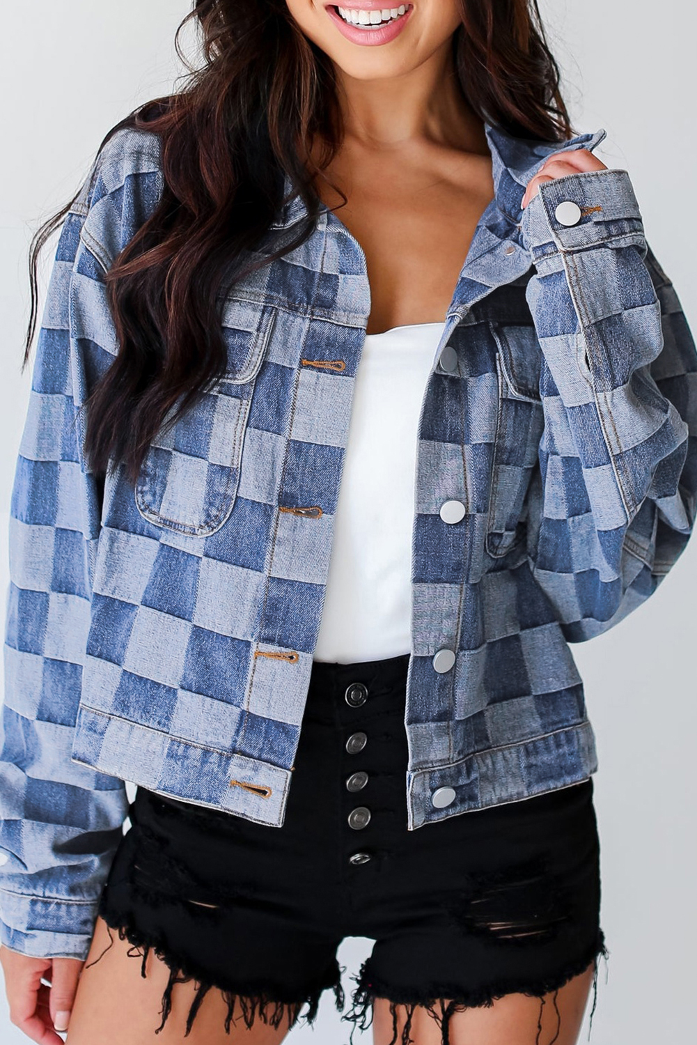 Light Blue Checkered Patchwork Button up Denim Jacket - loveforevers