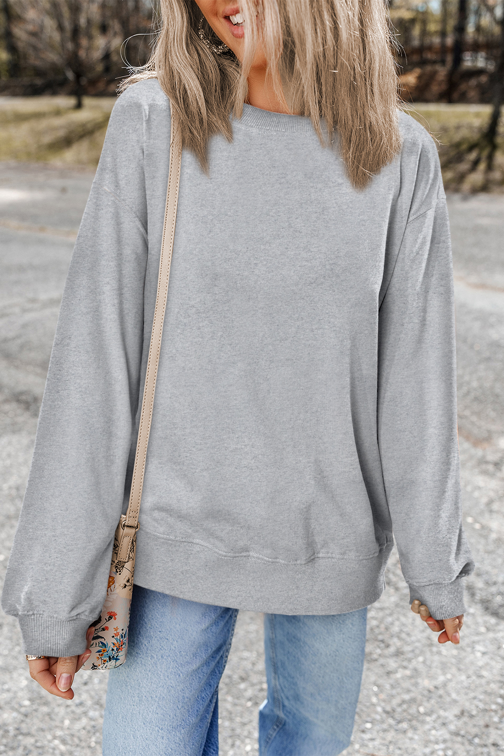 Navy Blue Plain Drop Shoulder Crewneck Pullover Sweatshirt - loveforevers