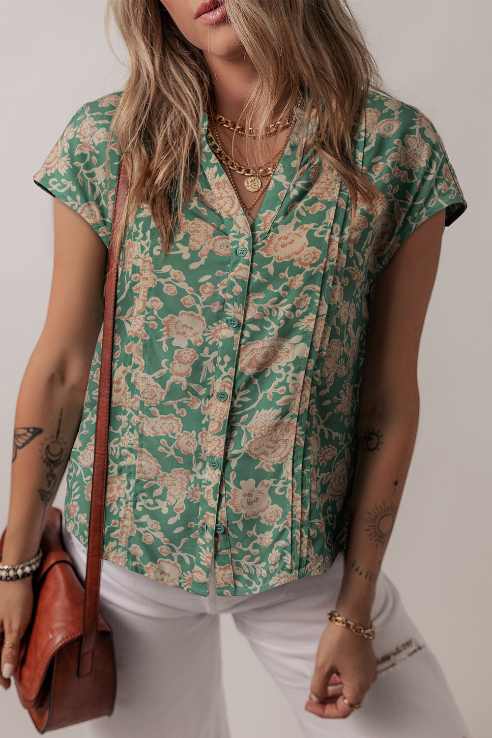 Green Floral Print Pleated Buttoned V Neck Short Sleeve Blouse - loveforevers