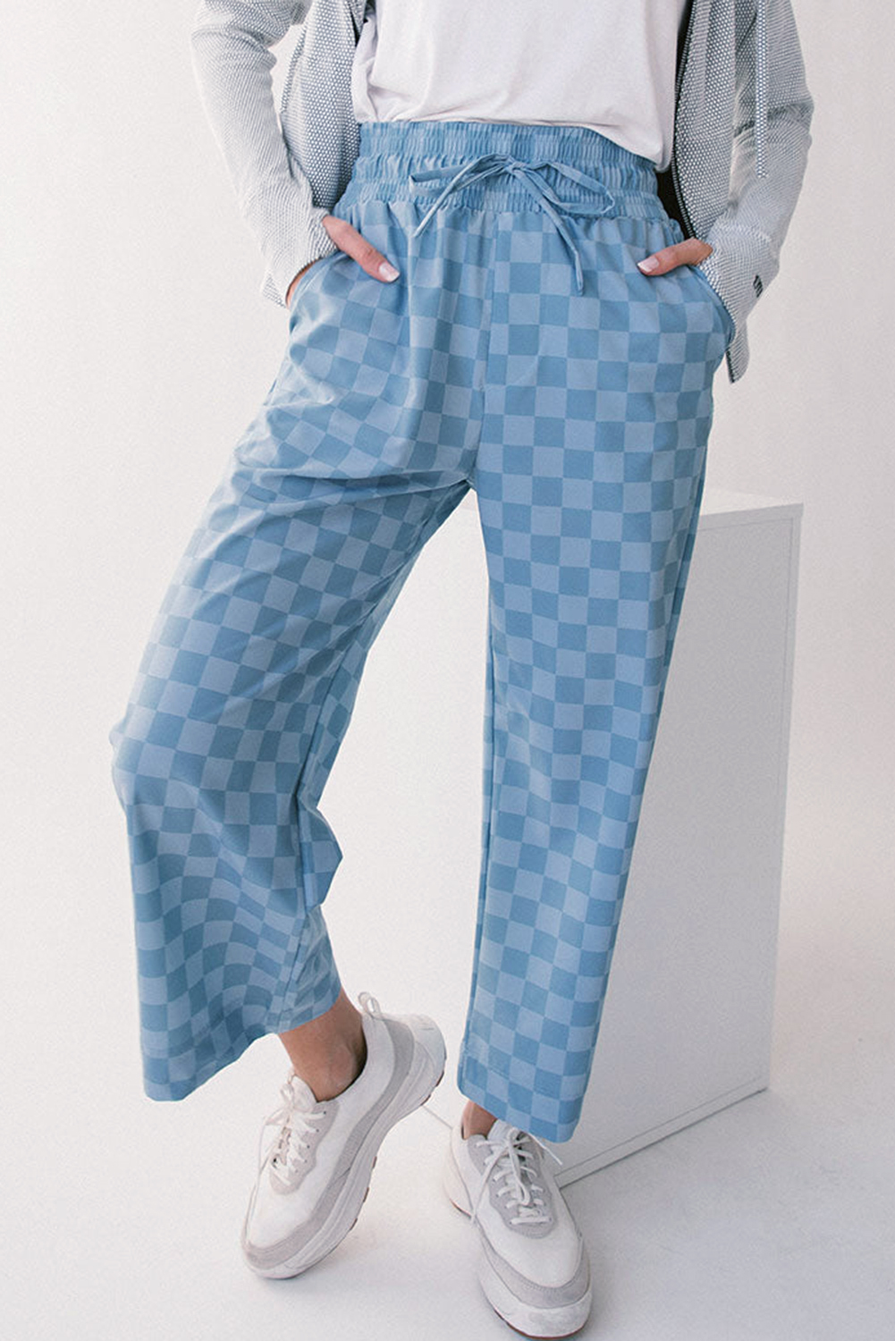 Khaki Checkered Elastic High Waist Loose Casual Pants - loveforevers