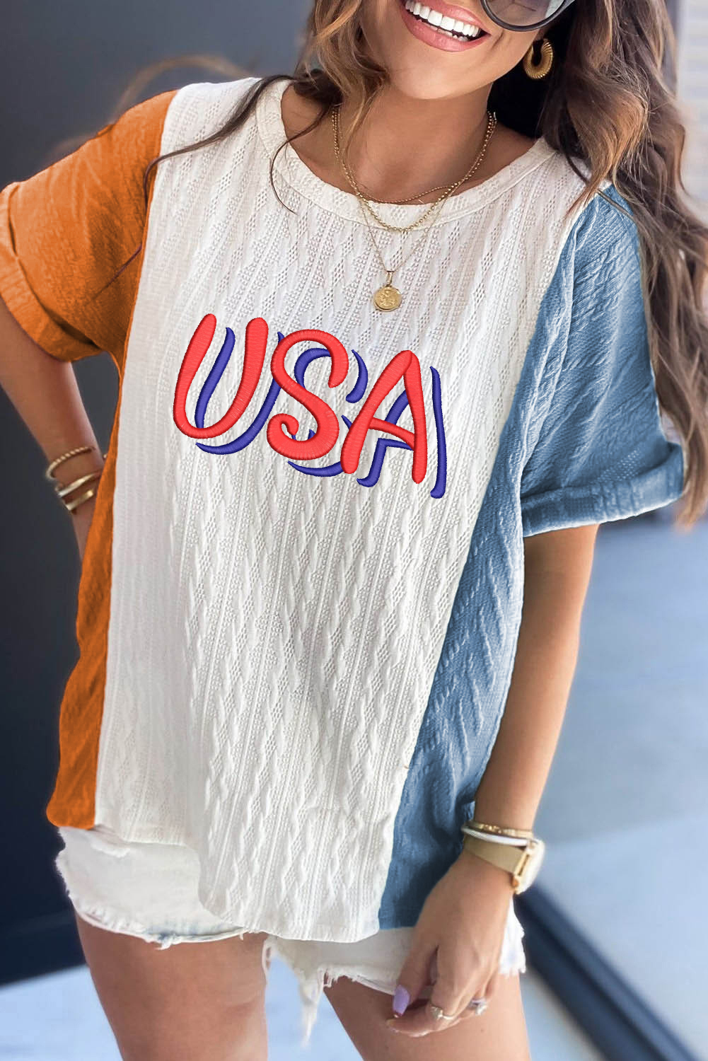 Light Blue USA Embroidered Cable Textured Knit Cuffed Sleeve Colorblock Tee - loveforevers