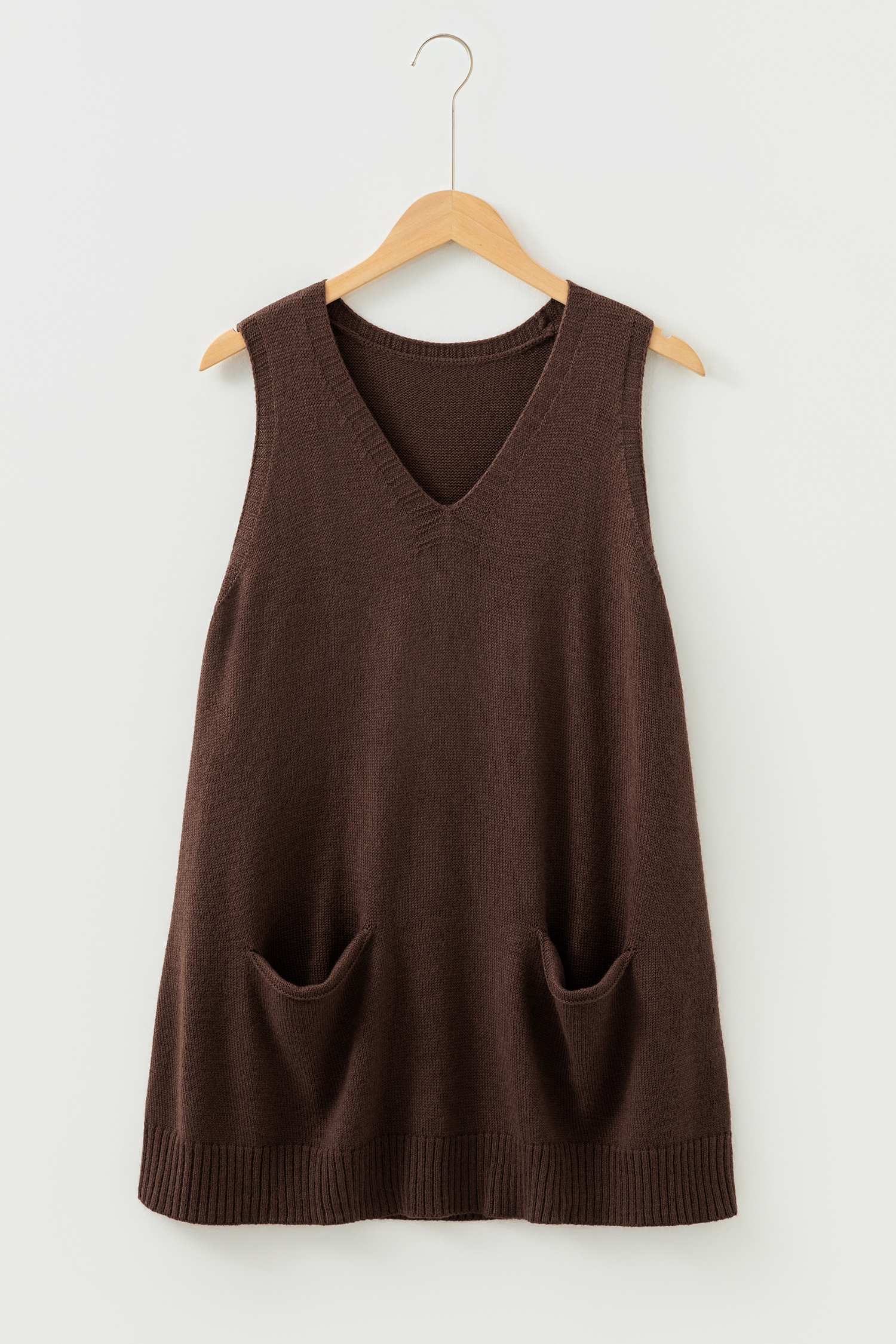 Dark Brown Ribbed Deep V Neckline Front Pocketed Loose Tunic Sweater Vest - loveforevers