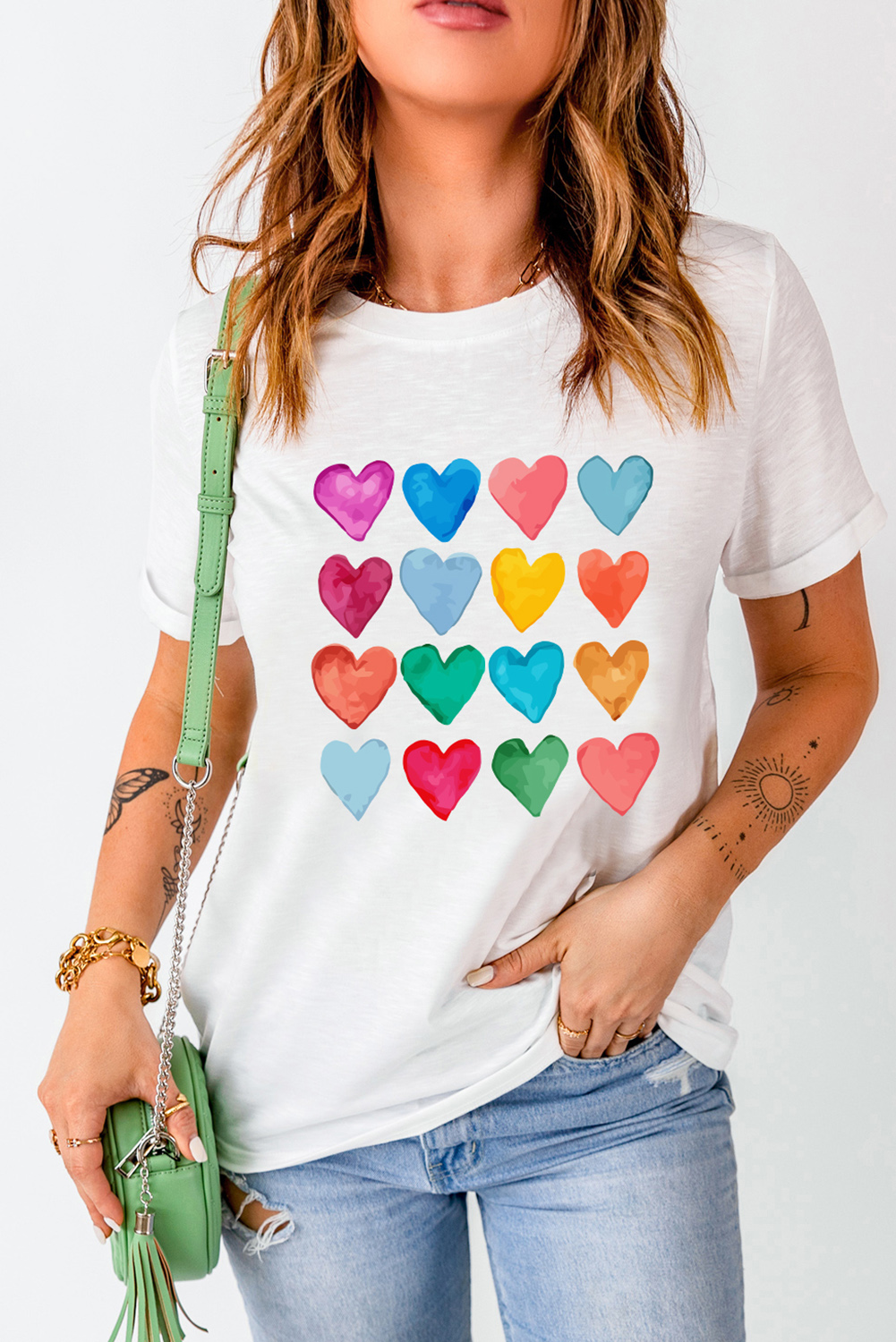 Red Leopard Striped Heart Shaped Print Crew Neck T Shirt - loveforevers