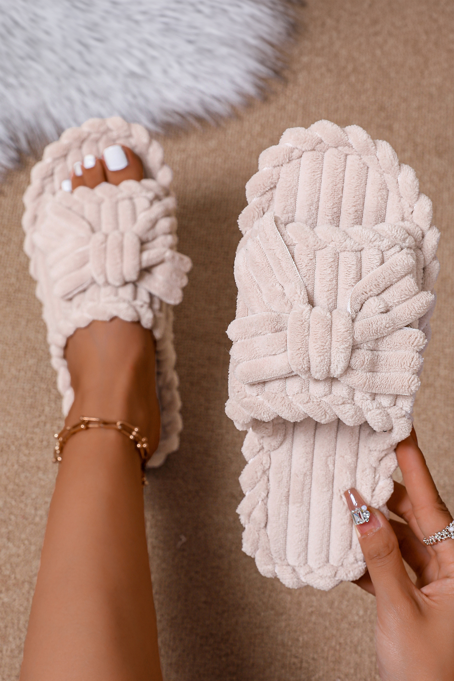 White Bow Knot Decor Corduroy Open Toe Slippers - loveforevers