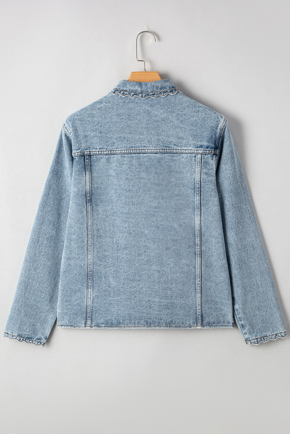 Myosotis Scallop Trim Collar Patched Pocket Button Up Mineral Washed Denim Jacket - loveforevers