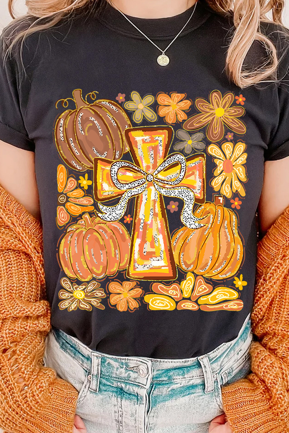 Black Thanksgiving Pray Cross Pumpkin Graphic Cotton Blend Tee - loveforevers