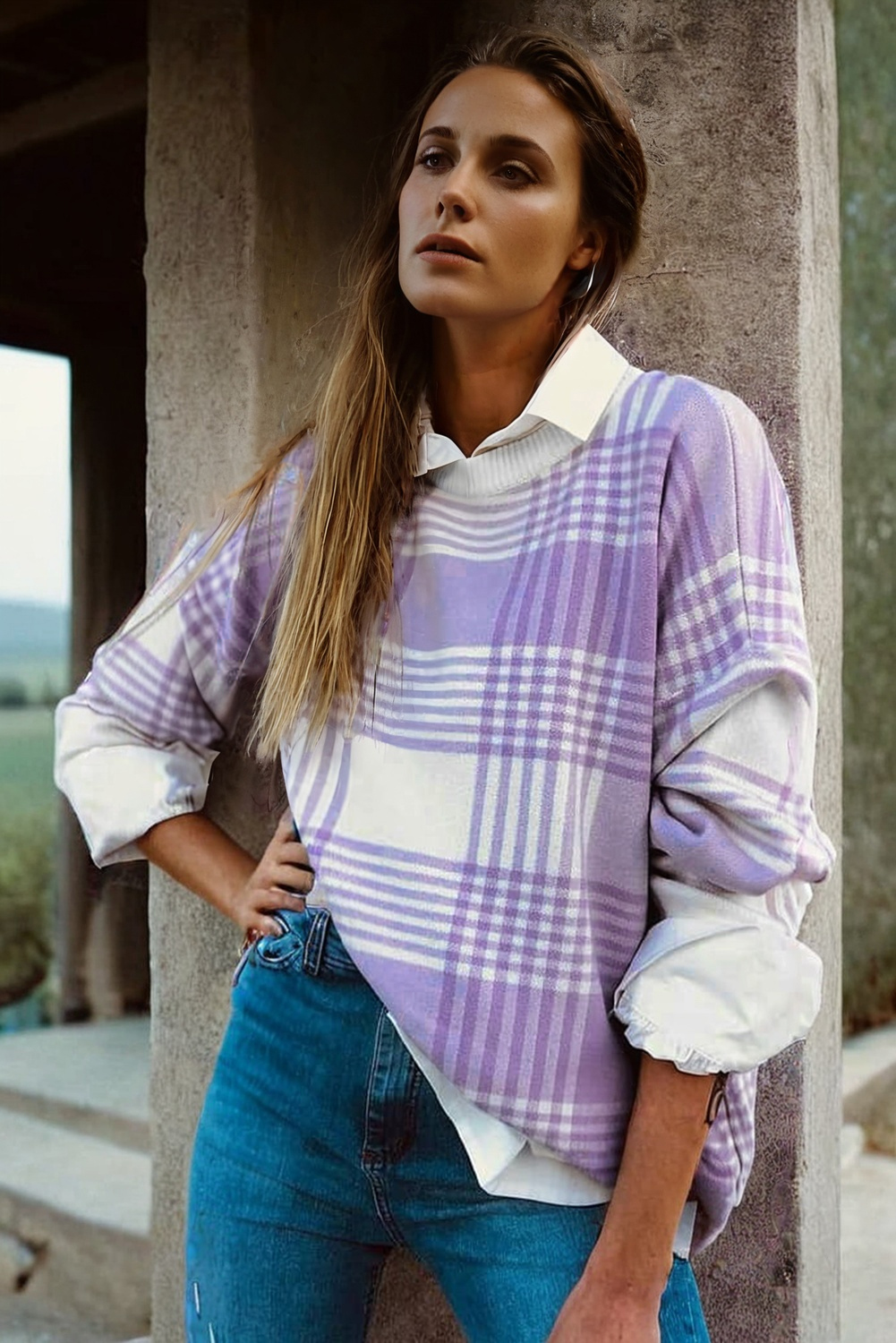 Lilac Plaid Print Ribbed Trim Loose Sweater - loveforevers